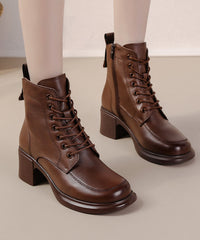 Cross Strap Chunky Boots Brown Cowhide Leather