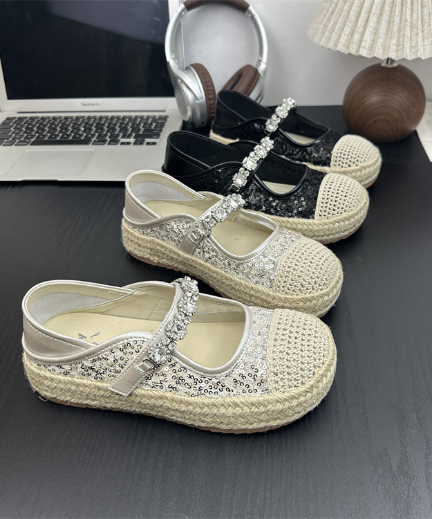 Beige Sequins Zircon Buckle Strap Splicing Platform Flat Shoes