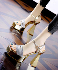 Black Chunky Heels Faux Leather Zircon Splicing Stylish Sandals