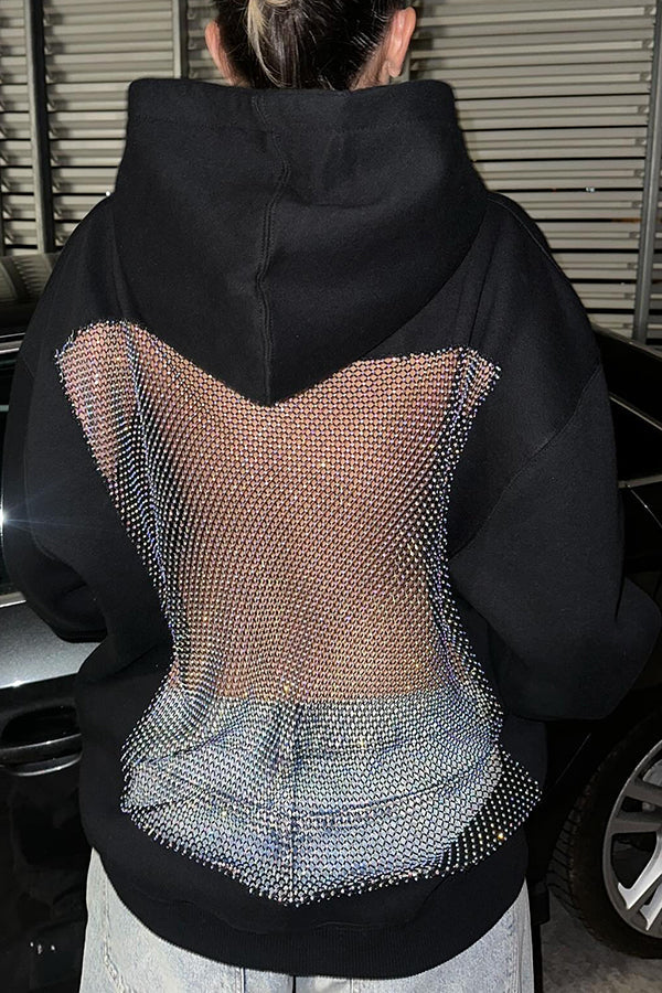 Shiny Mesh Hollow Back Loose Long-sleeved Hooded Sweatshirt