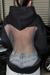 Shiny Mesh Hollow Back Loose Long-sleeved Hooded Sweatshirt