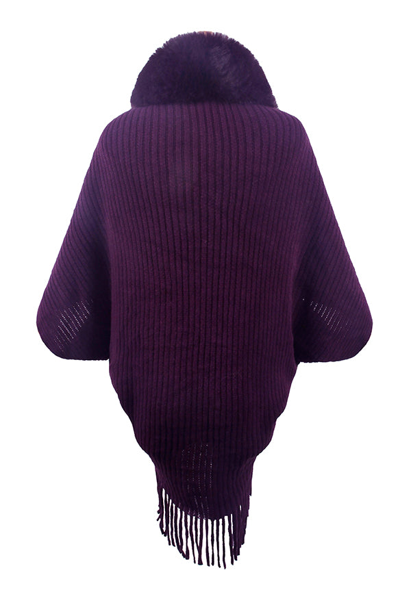 Fur Collar Tassel Hem Knitted Shawl Cape