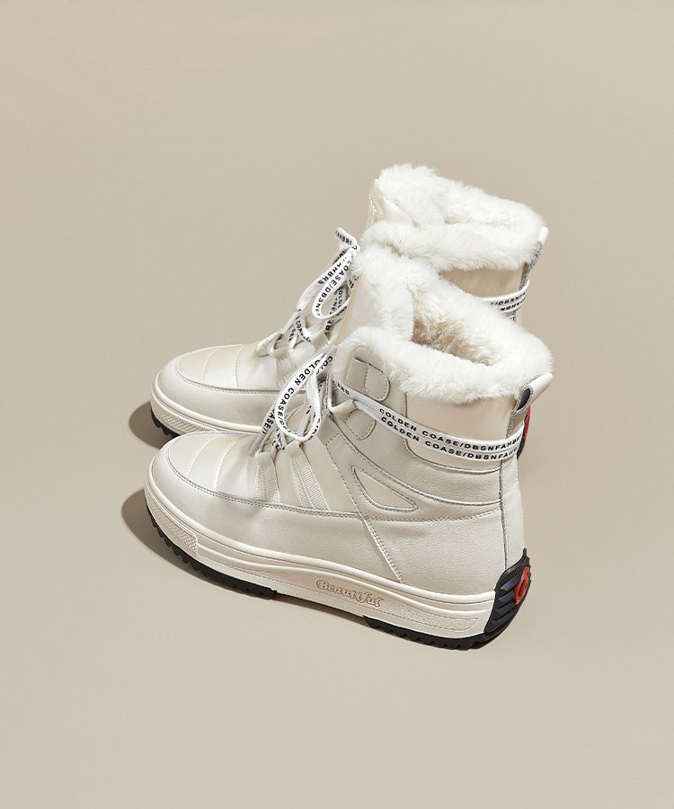 Beige Boots Platform Cowhide Leather Fitted Splicing Lace Up