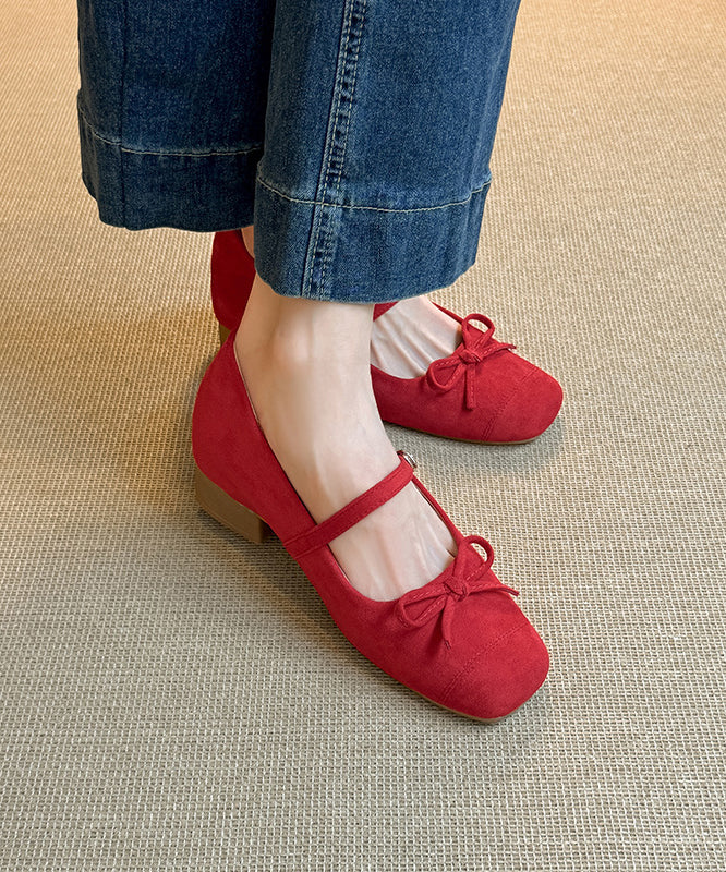 Red Buckle Strap Bow Splicing Chunky Shoes Suede