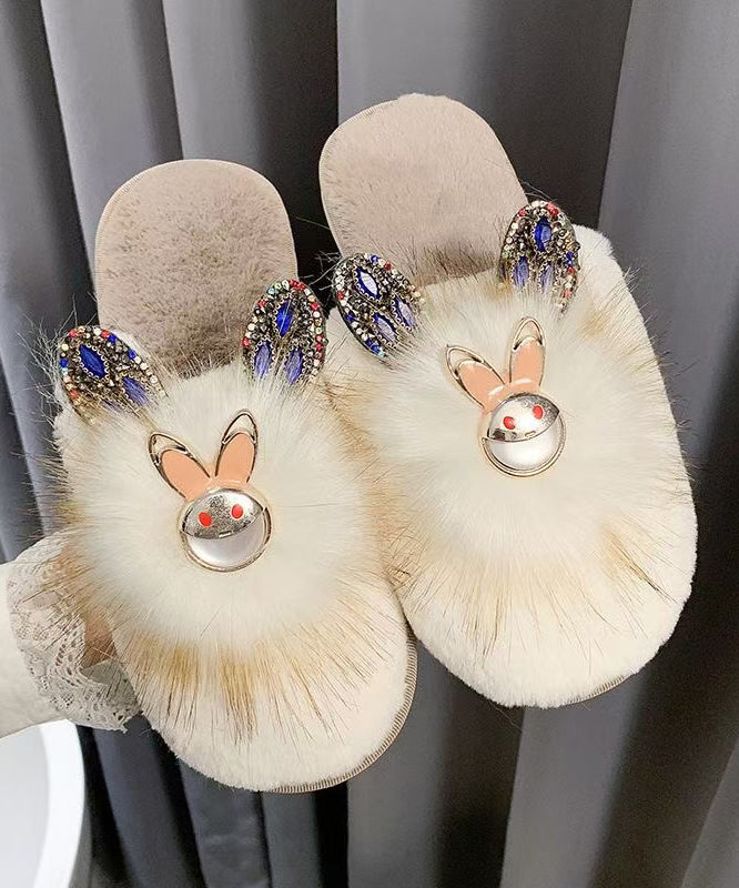 Splicing Slippers Shoes Khaki Fuzzy Fur Zircon