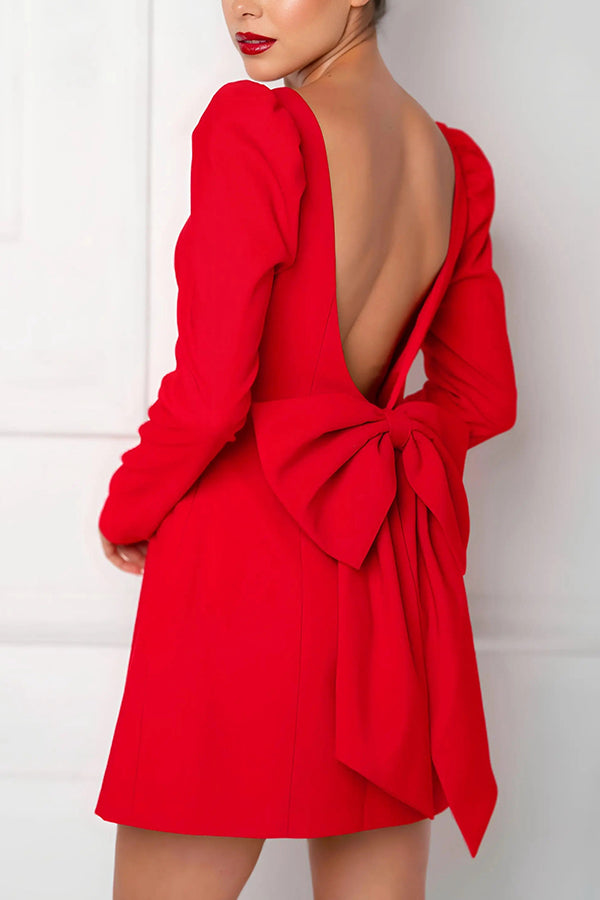 party dress fluffy shoulder long sleeved back bow detail mini dress