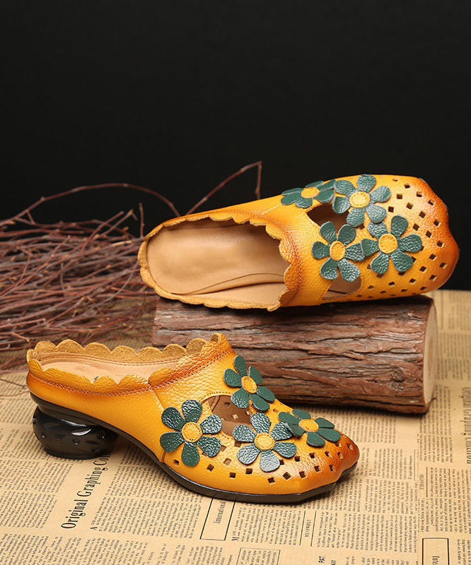 Hollow Out Floral Yellow Cowhide Leather Slide Sandals