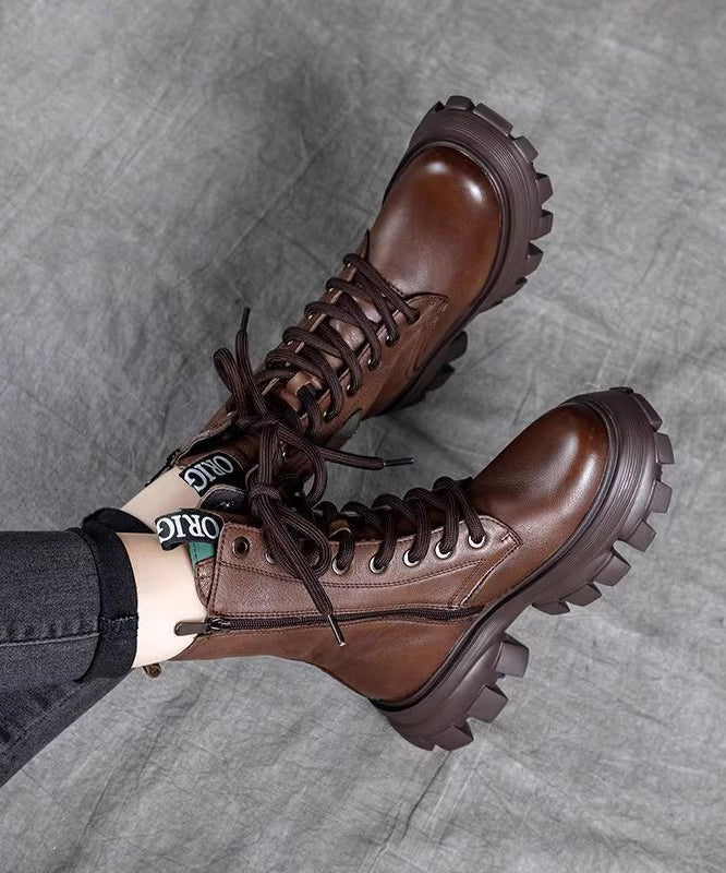 Splicing Platform Boots Black Cowhide Leather Lace Up