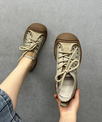 Beige Hollow Out Lace Up Splicing Platform Flat Feet Shoes