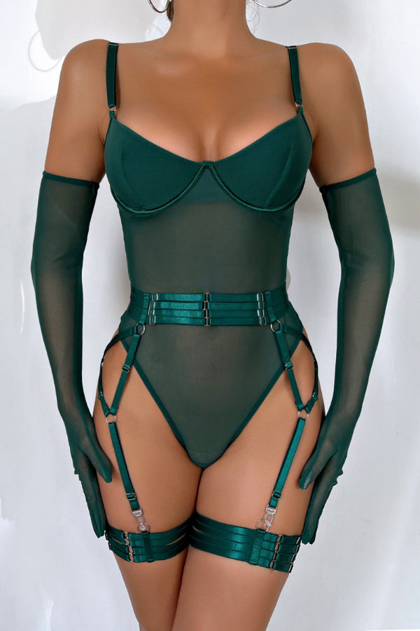 See-through Mesh Suspender Bodysuit and Glove Straps Three-piece Set