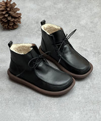 Retro Lace Up Boots Coffee Fuzzy Wool Lined Cowhide Leather