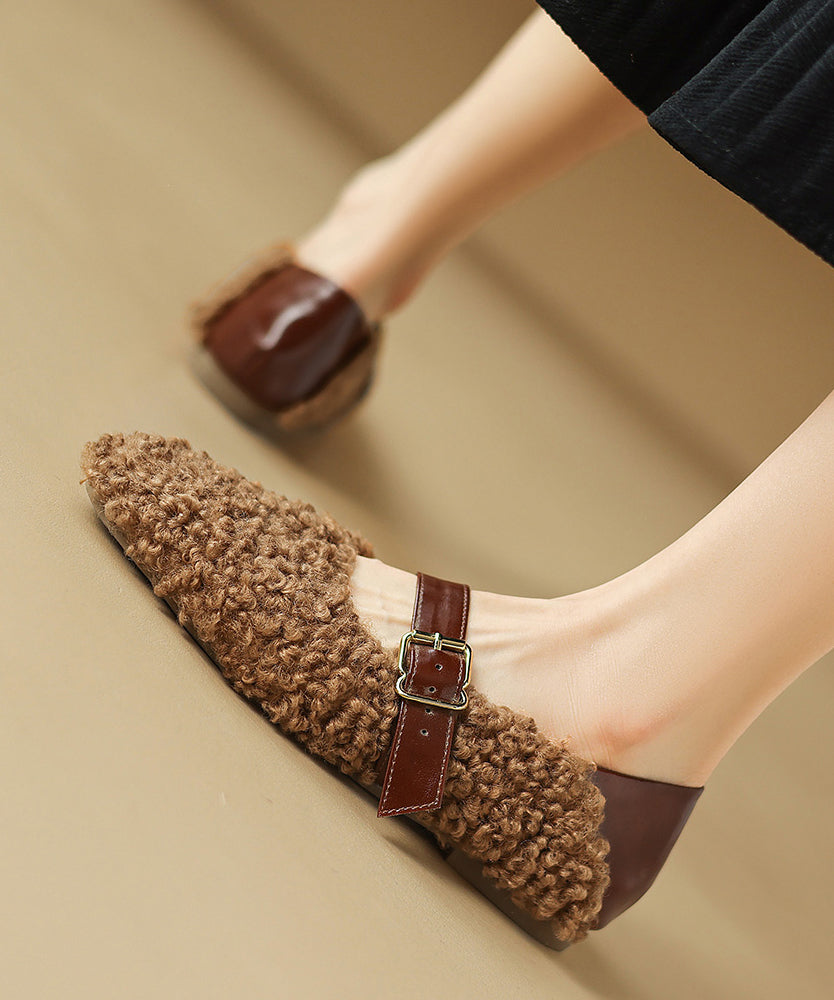 Comfortable Fuzzy Wool Lined Splicing Flats Brown Buckle Strap