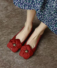 Classy Red Floral Cowhide Leather Soft Splicing Flats
