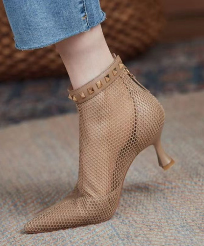 Breathable Mesh Black Rivet Splicing Boots Pointed Toe