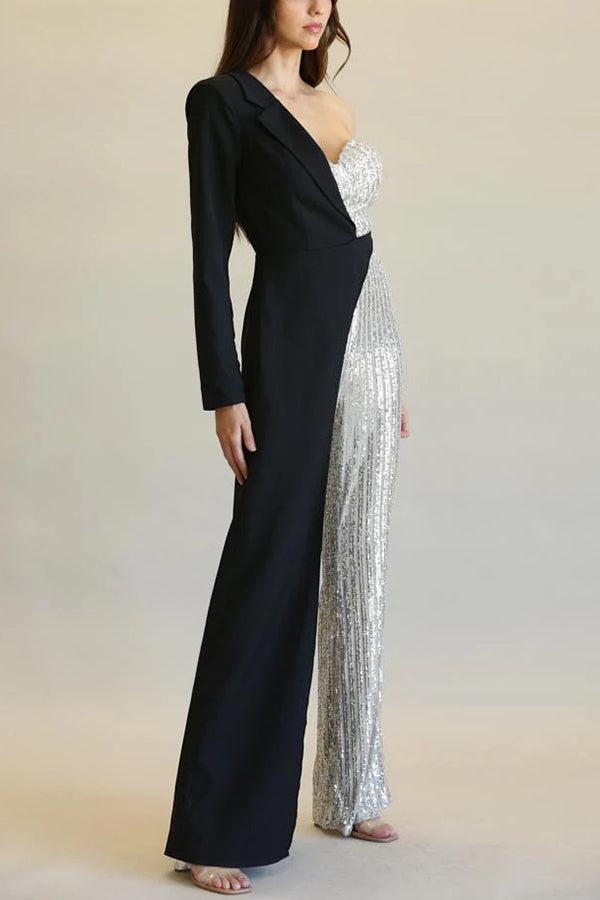 Sequined Patchwork One-sided Long-sleeved Asymmetrical Jumpsuit