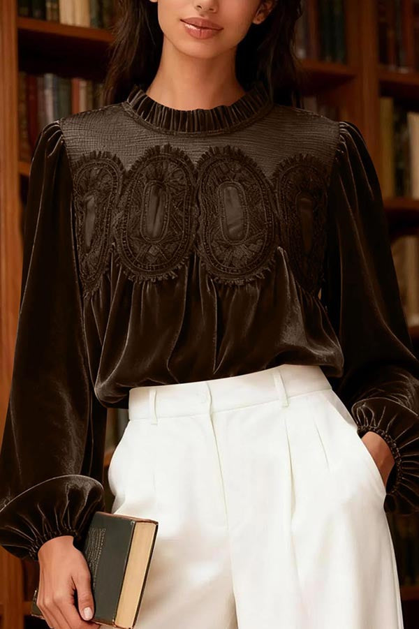 Velvet and Lace Patchwork Loose Long-sleeved Top