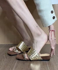 Gold Sheepskin Splicing Wedge Slide Sandals Peep Toe