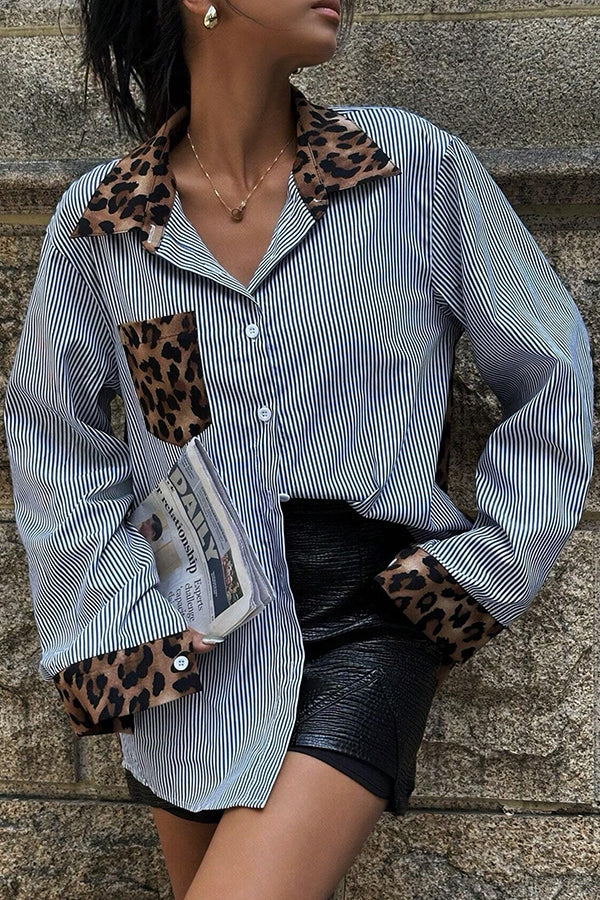 Striped Leopard Print Patchwork Loose Casual Long-sleeved Shirt