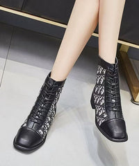 Splicing Chunky Boots Black Faux Leather Lace Up