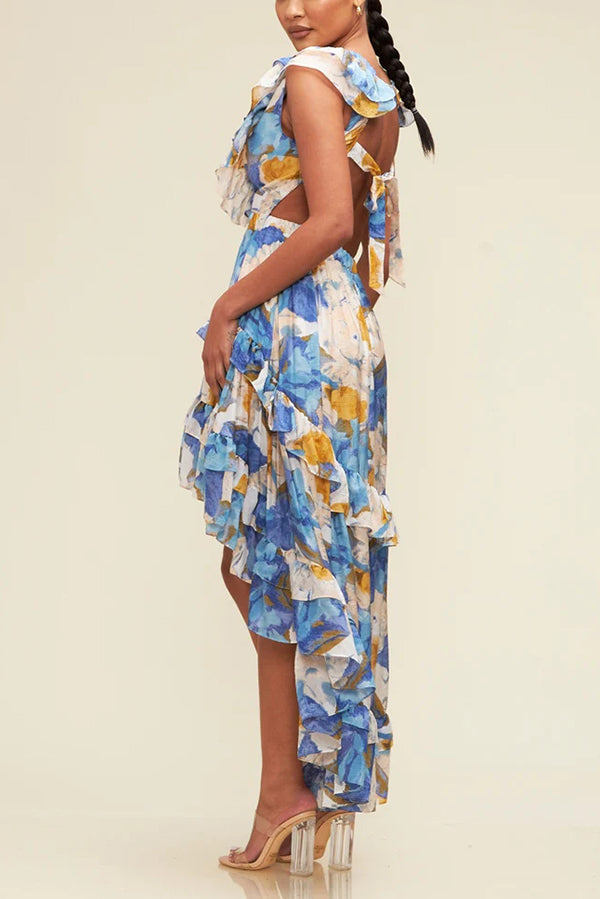 Boho Floral Print V-neck Backless Resort Maxi Dress
