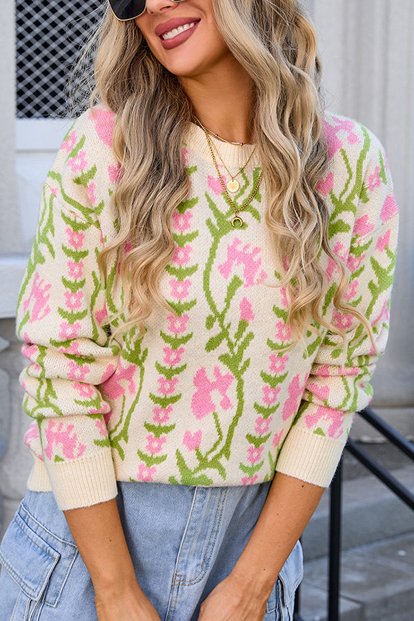 Floral Knitted Crew Neck Casual Sweater