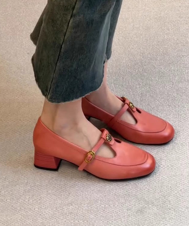 Boutique Splicing Chunky Loafer Shoes Pink Calf Buckle Strap