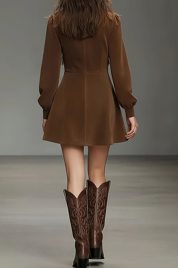 Suede Color-blocked Turtleneck Long-sleeved Mini Dress
