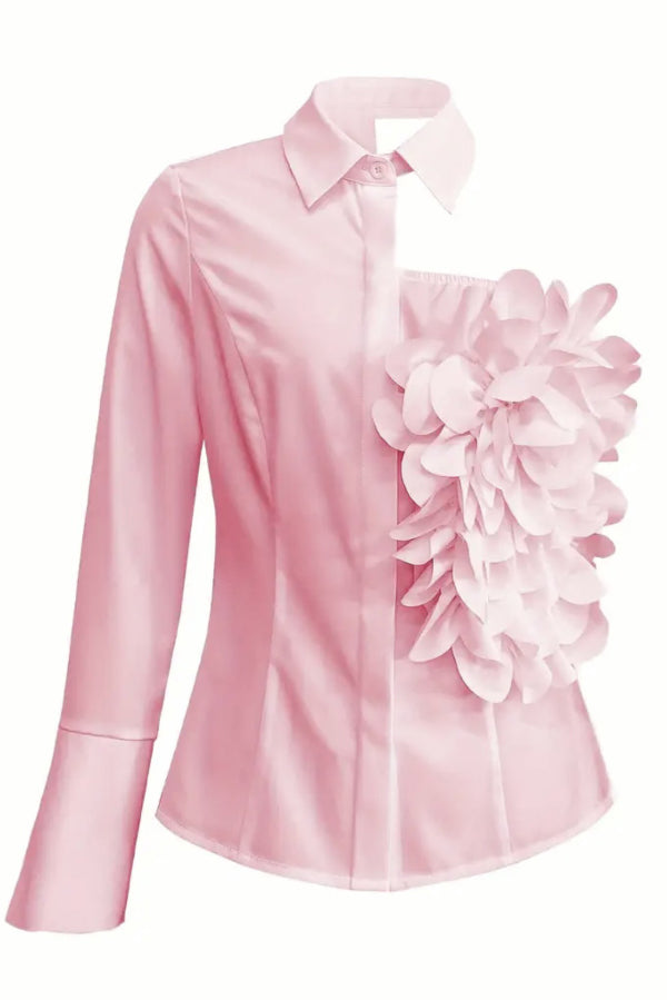 Three-dimensional Floral Collared Single-sleeve Casual Shirt
