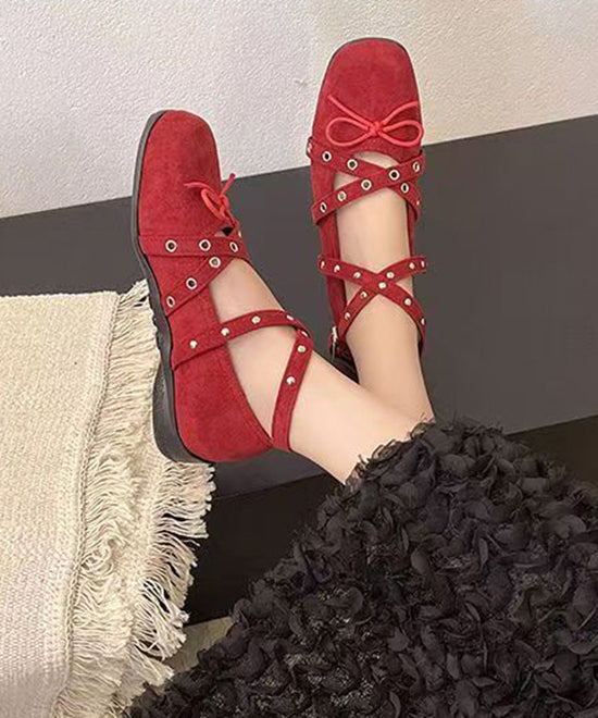 Red Suede Bow Cross Strap Rivet Splicing Flat Feet Shoes