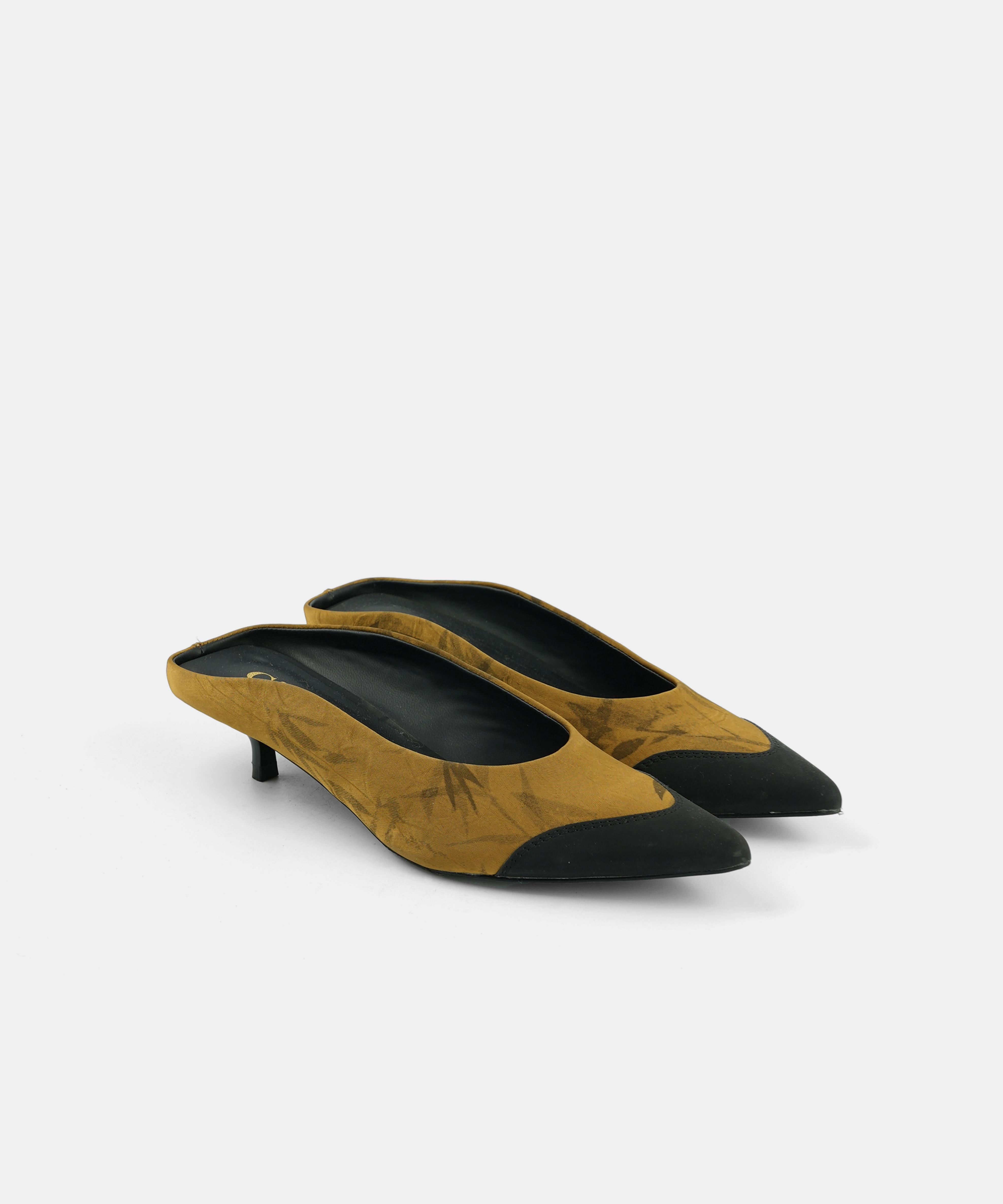 Green Faux Leather Splicing Satin Kitten Heels Slippers