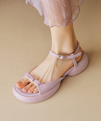 Bow Splicing Platform Sandals Purple Cowhide Leather