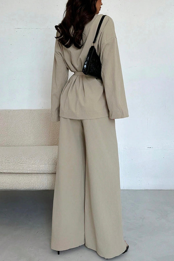 Solid Color Collared Long-sleeved Tie-waist Loose Top and Elastic Waist Casual Wide-leg Pants Set