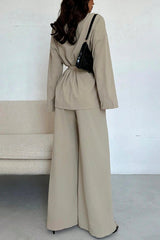 Solid Color Collared Long-sleeved Tie-waist Loose Top and Elastic Waist Casual Wide-leg Pants Set