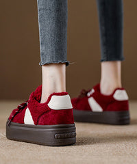 Brown Suede Lace Up Splicing Flat Feet Shoes Fuzzy Wool Lined