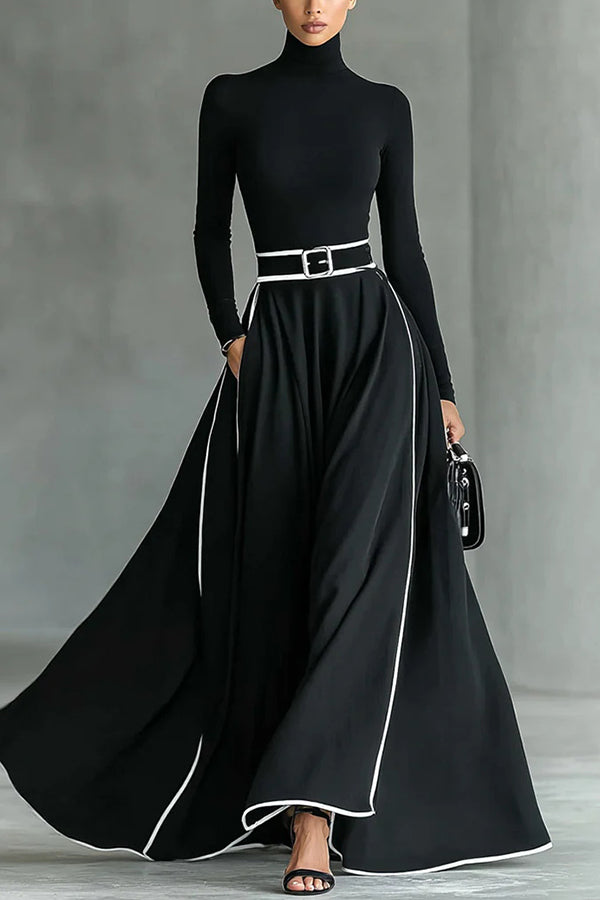 Color-blocked Trim High-neck Long-sleeved Casual Pockets Maxi Dress