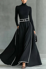 Color-blocked Trim High-neck Long-sleeved Casual Pockets Maxi Dress