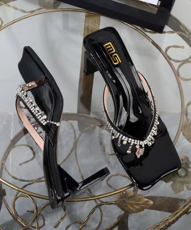 Black Zircon Tassel Chunky Heel Thong Sandals
