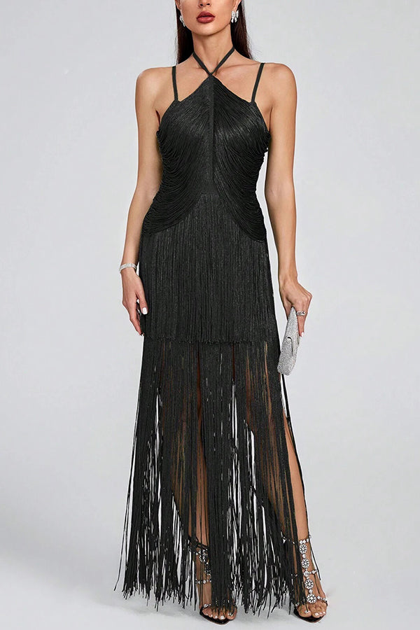 Halterneck Open Back Elegant Tassel Slim Maxi Dress