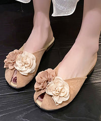 Khaki Suede Floral Splicing Slide Sandals