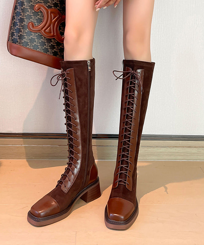 Comfortable Chunky Boots Brown Suede Cross Strap