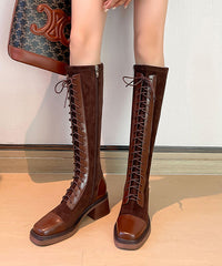 Comfortable Chunky Boots Brown Suede Cross Strap