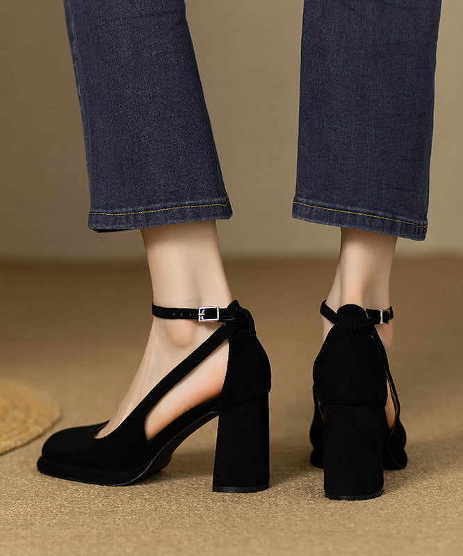 Black Suede Splicing Chunky Heel Sandals Hollow Out Buckle Strap