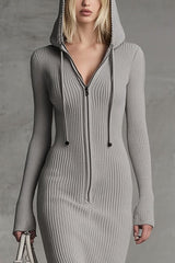 Solid Color Hooded Zip-up Long-sleeved Slim-fit Lace Hem Midi Dress
