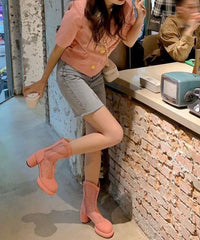 Splicing Chunky Boots Pink Breathable Mesh Hollow Out