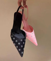 Elegant Black Stiletto Faux Leather Sandals Pointed Toe
