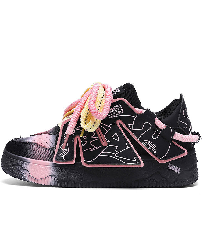 New Fashion Black Lace Up Splicing Platform Flat Shoes