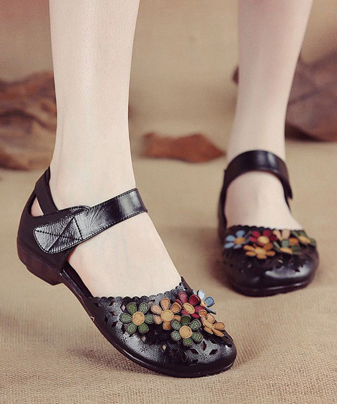 Splicing Hollow Out Walking Sandals Black Genuine Leather