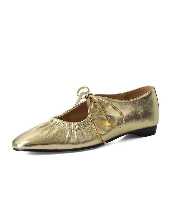 Gold Lace Up Faux Leather Splicing Flat Shoes Women