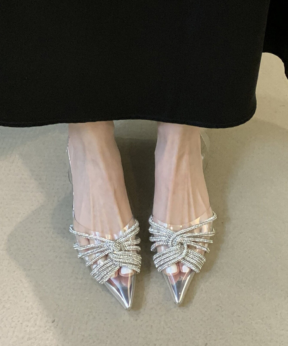Silver Transparent Pointed Toe Zircon Slide Sandals