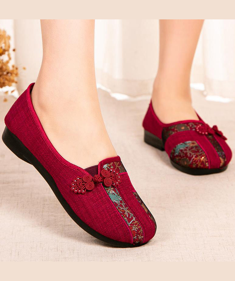 Retro Red Flat Shoes Splicing Embroidered Oriental Button